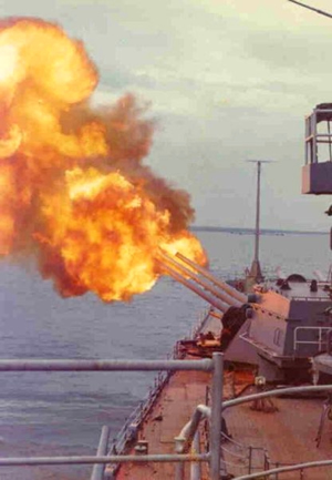 USS Newport News fires a broadside during her 1972 Vietnam deployment. 